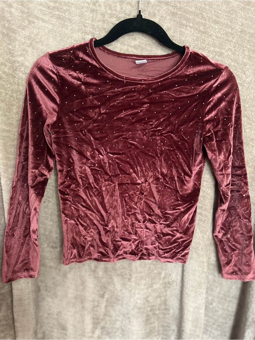 Old Navy Burgundy Velvet Long-Sleeve Crewneck Top with Sparkle Studs